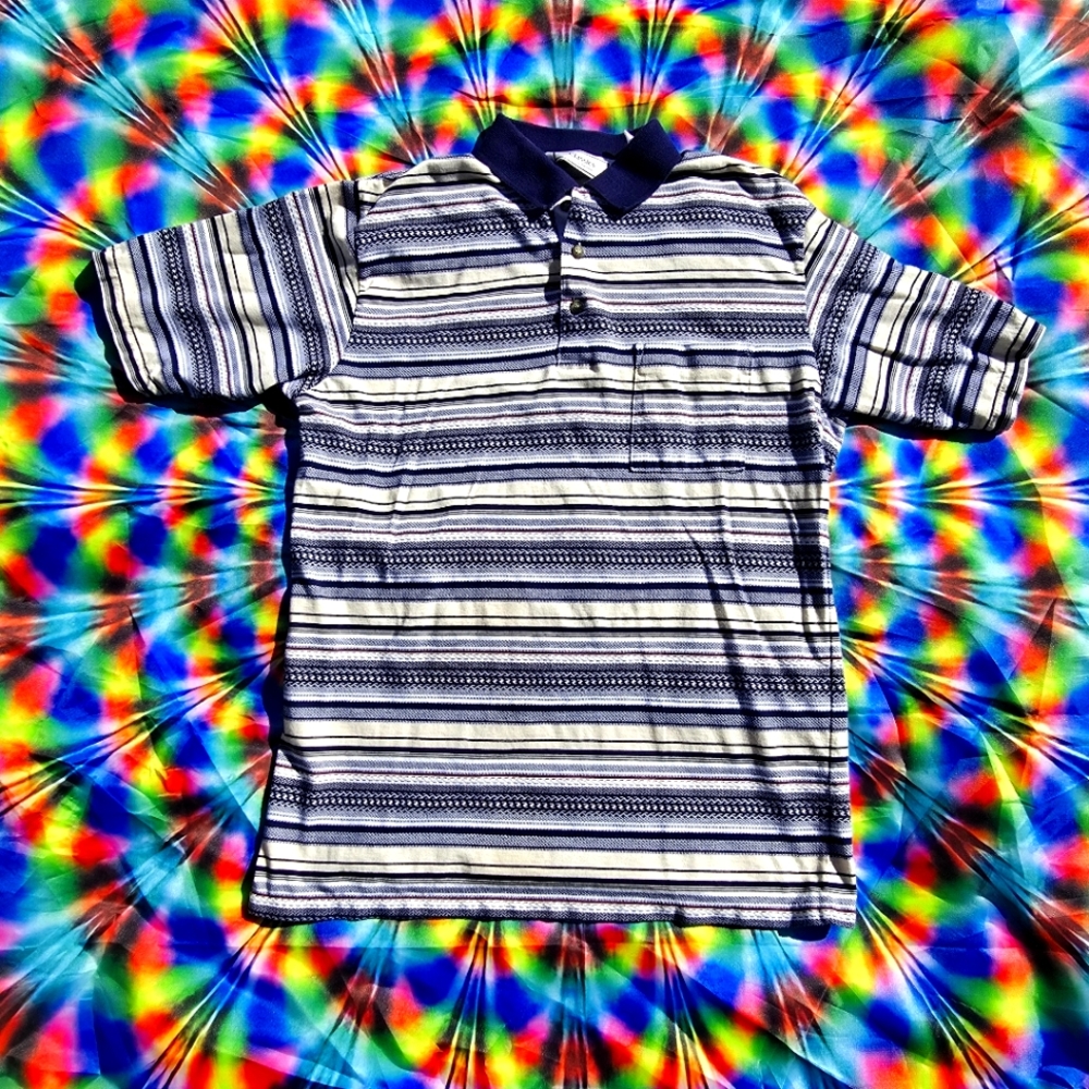 Classics by Palmland mens short sleeve blue/white striped polo shirt size Medium